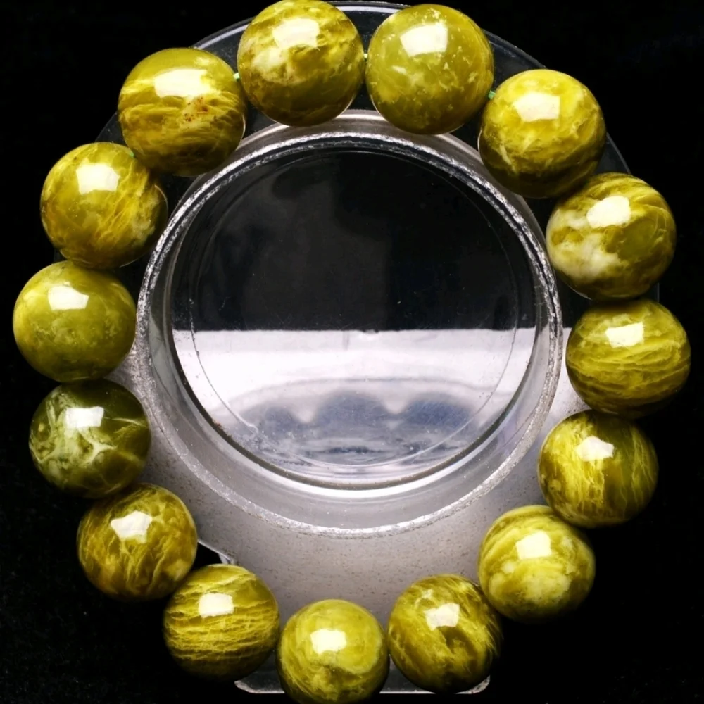RARE 14.6mm Natural Green Hiddenite Gemstone Crystal Round Beads Bracelet Unisex